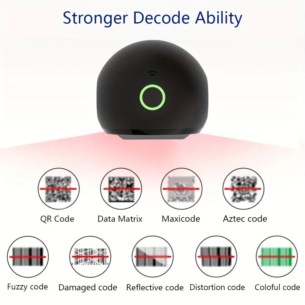 2D barcode scanner front view, black base and glowing status ring with code type icons
