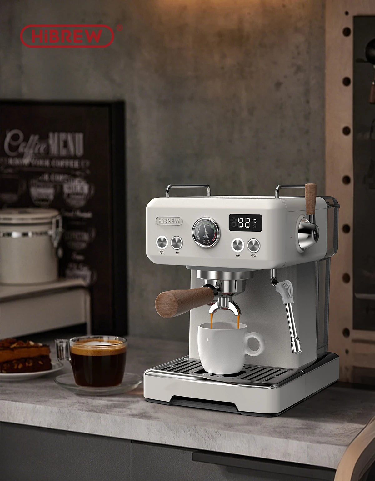 HiBREW white espresso coffee machine with wooden handle, digital display, pressure gauge, and steam wand.
