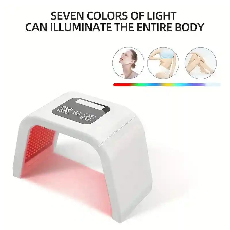 White arched 7-color LED light therapy device for face and body with a digital control panel and red light display.