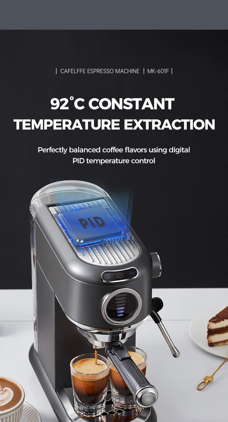 Cafelffe MK-601F dark grey espresso machine with PID digital temperature control for precise coffee extraction.
