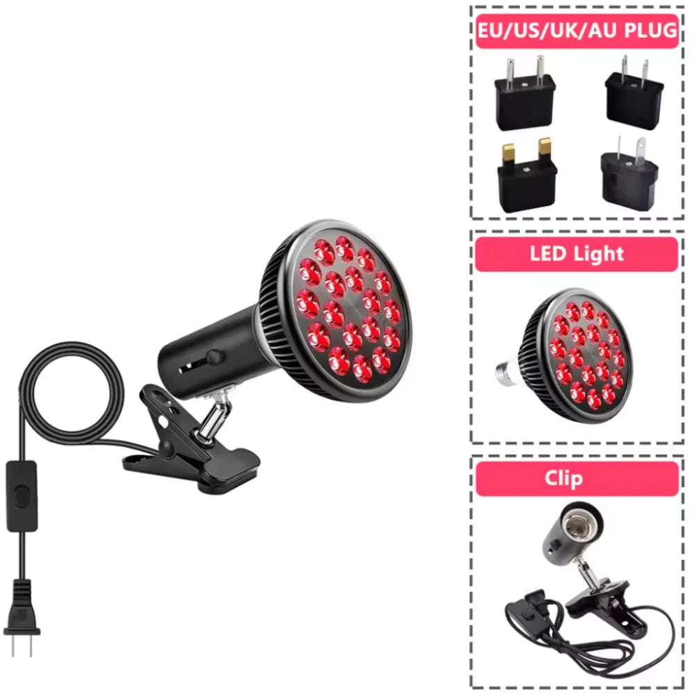 Red light therapy lamp with 660nm & 850nm, clip-on stand for face skin care and muscle pain relief with plug adapters.