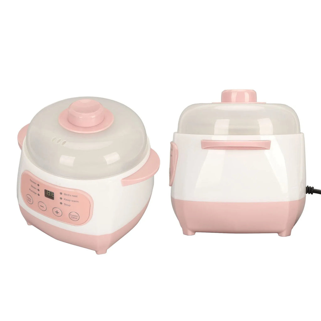 Pink mini electric rice cooker with clear lid, top knob, and side handle