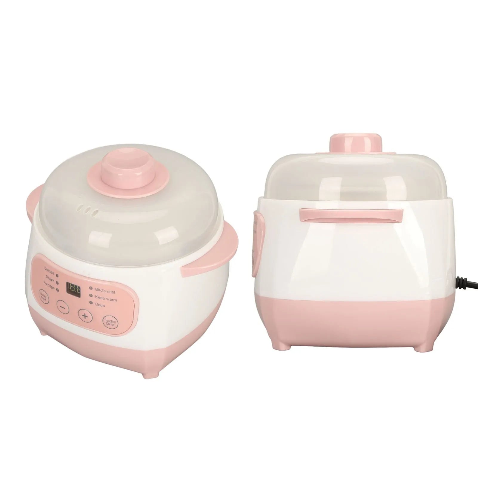 Pink mini electric rice cooker with clear lid, top knob, and side handle