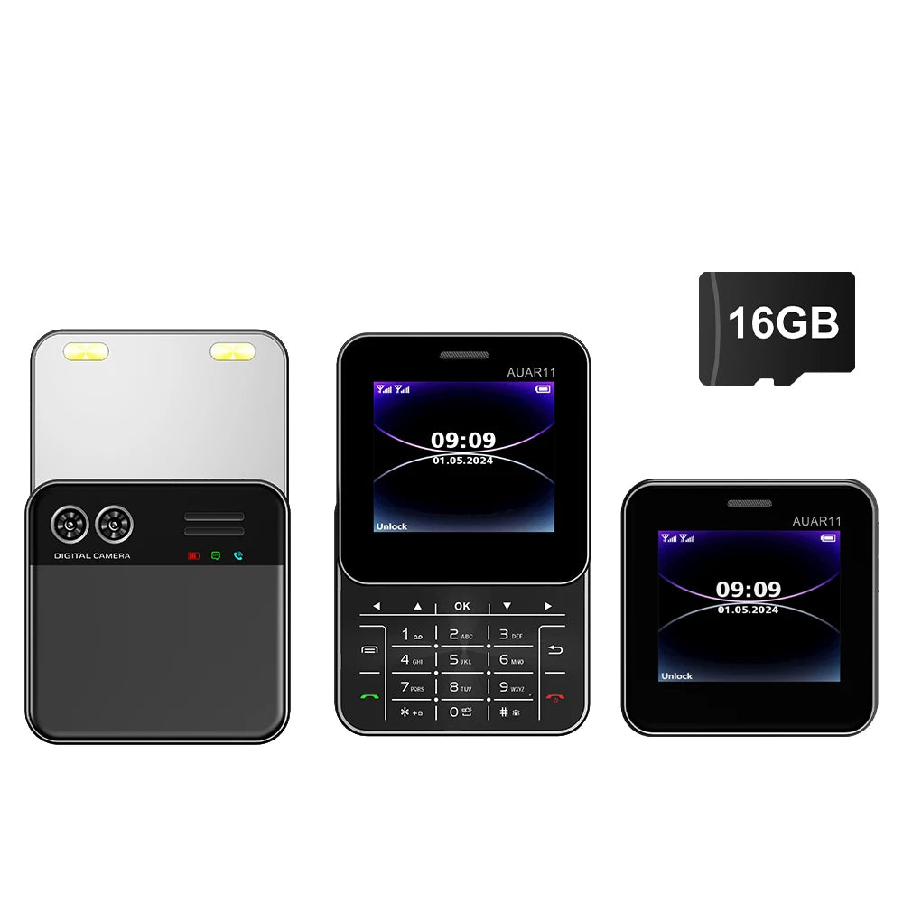 Mini sliding smartphone with rotating screen, black front and dial keypad, 16GB