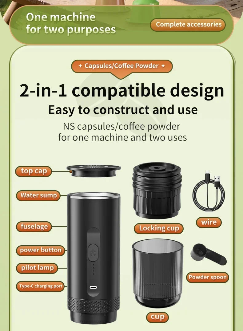 Portable 2-in-1 black coffee maker for capsules and ground coffee with Type-C charger, accessories, and cup.