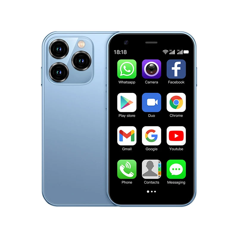 Mini 4G smartphone in blue, front display with icons and dual rear cameras