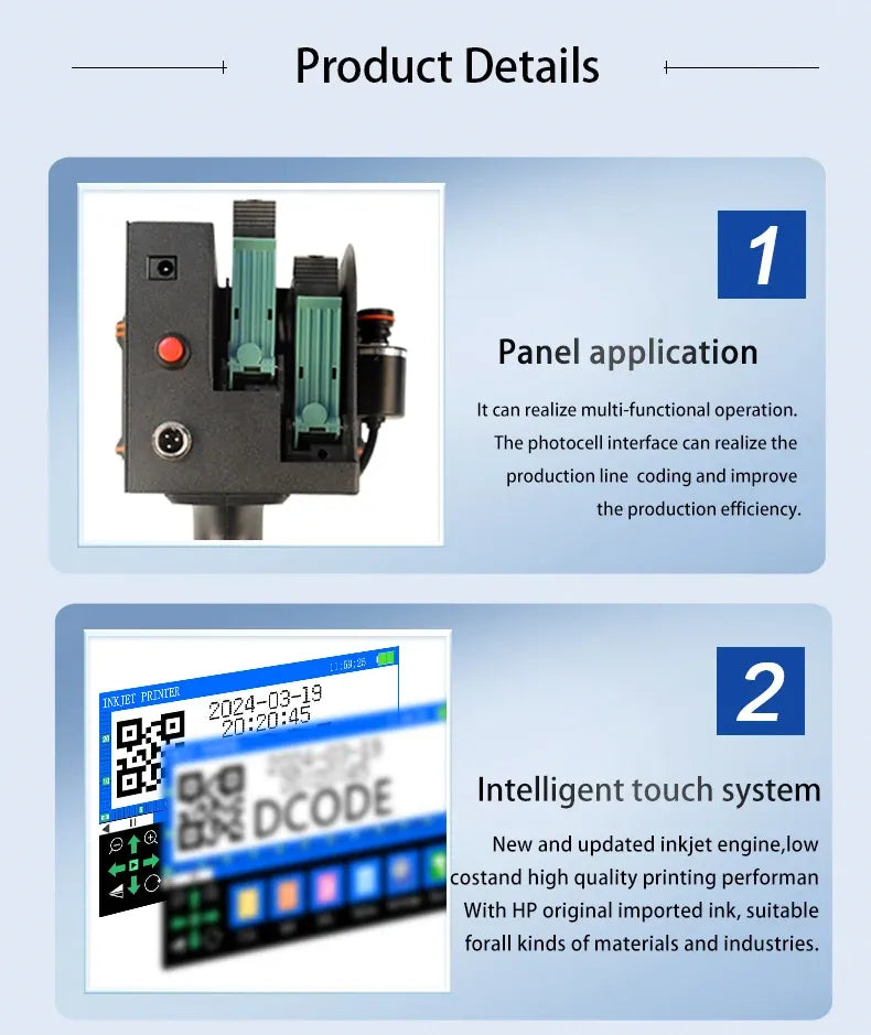 Handheld thermal inkjet printer showing panel system and touch control interface