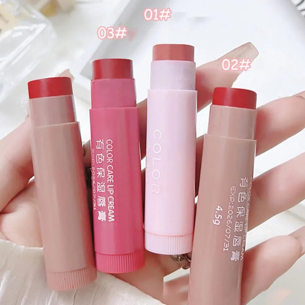 Moisturizing tinted lip balm set in assorted red and pink shades for smooth, anti-drying lip makeup care.