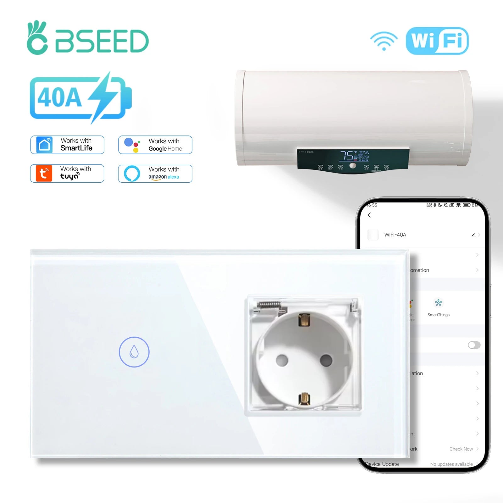 BSEED Wifi Smart Water Heater Switches Touch Boiler Switches 40A Plus EU Waterproof Socket For Kitchen Batroom Tuya Smart Life