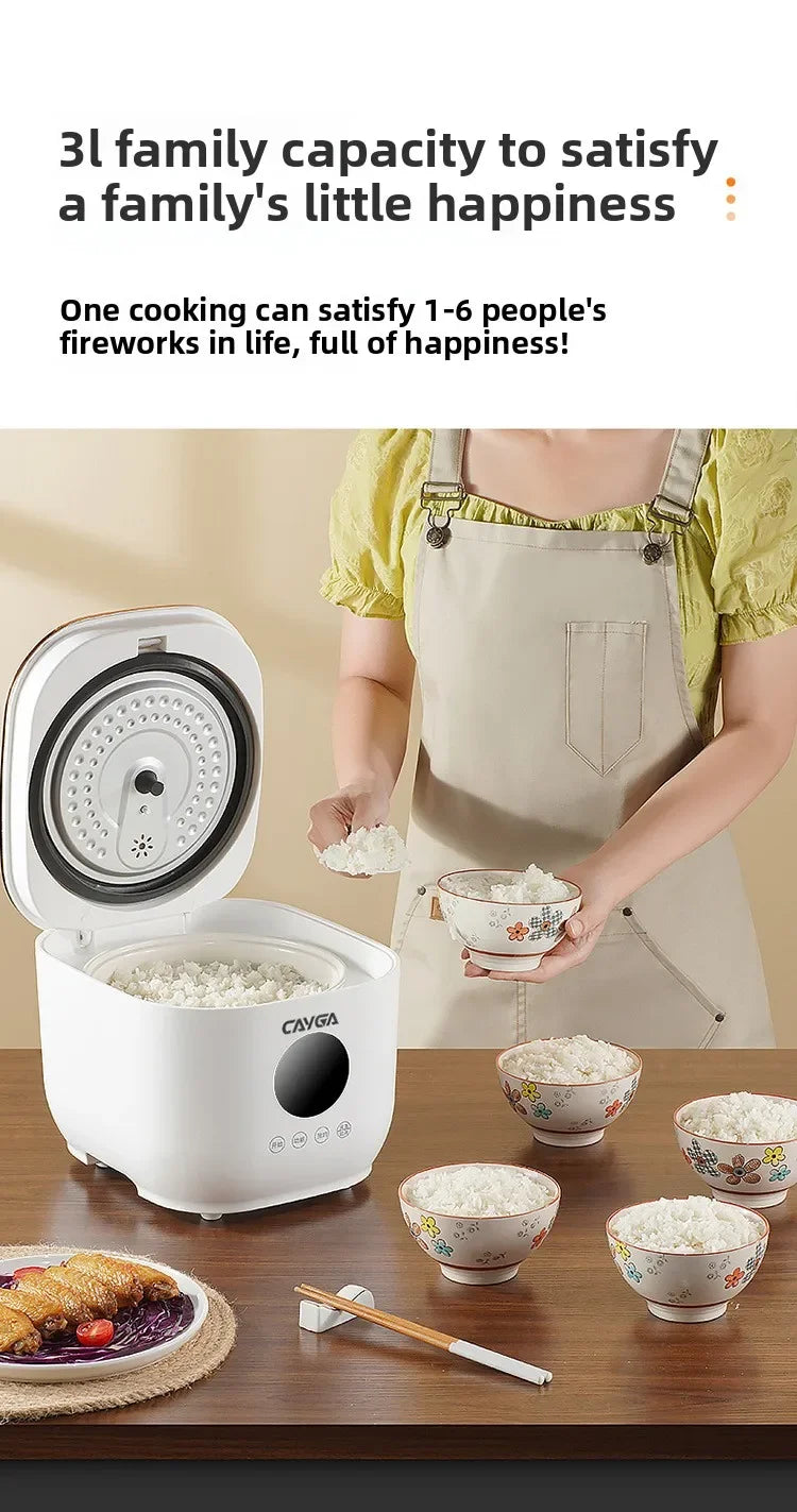 White 3L rice cooker on tabletop with inner pot open and bowls of cooked food