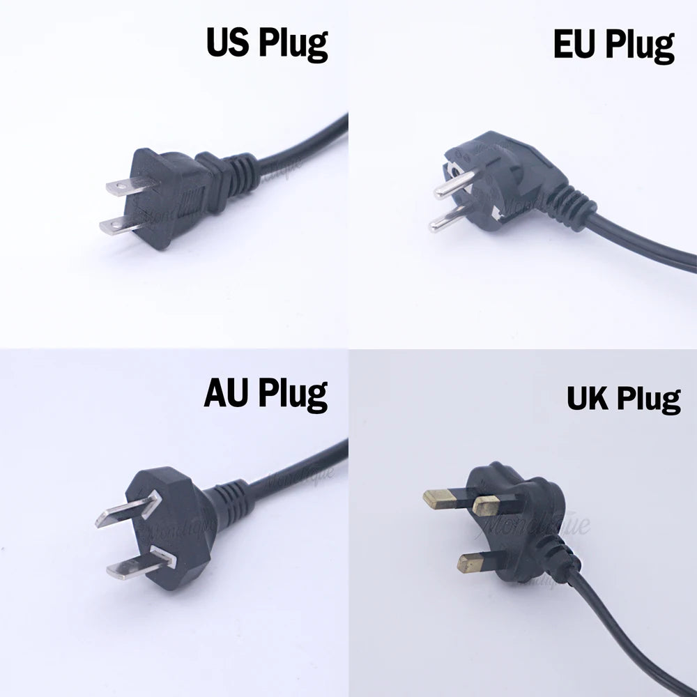 Ionic foot bath detox machine power cable options showing US, EU, AU, and UK plug types on a white background.