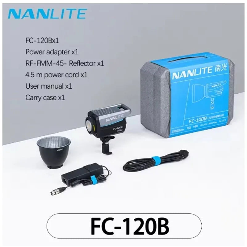 FC-120B LED spotlight kit with reflector, power adapter, cord, and carry case for video and photography lighting.