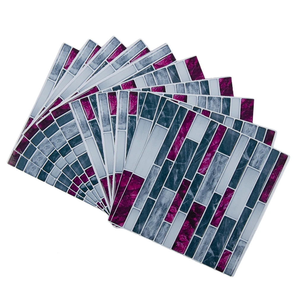 3D mosaic tile sticker set fan of blue-gray tiles with purple glass accents