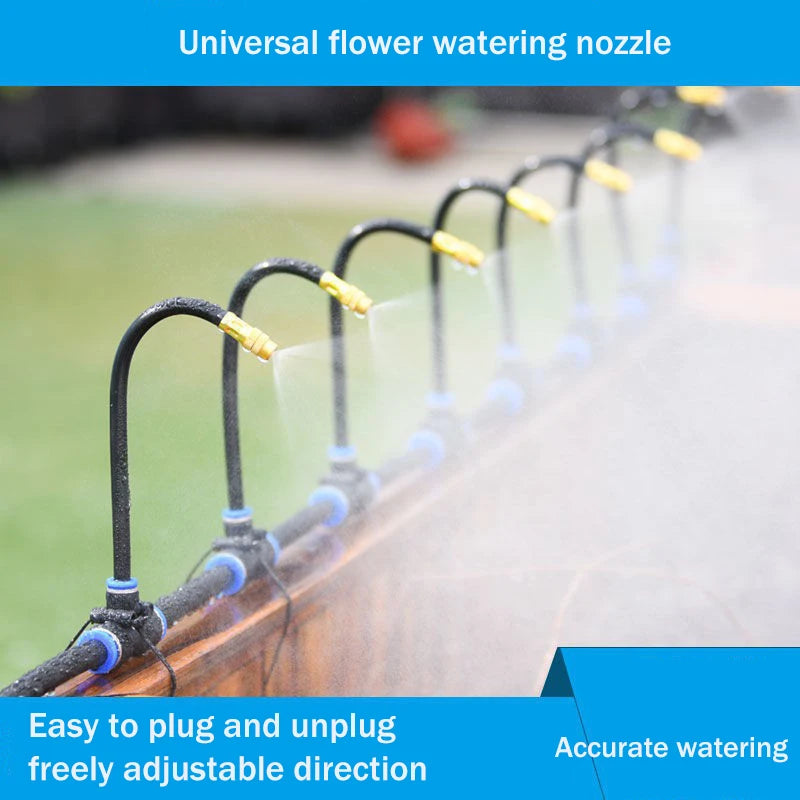 Multiple rotating sprinkler heads along a copper bar, adjustable streams misting plants