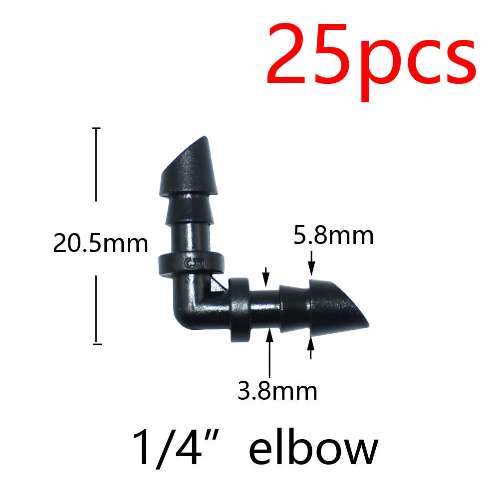 Black barbed 1/4 in elbow hose connector for drip irrigation, angled outlet