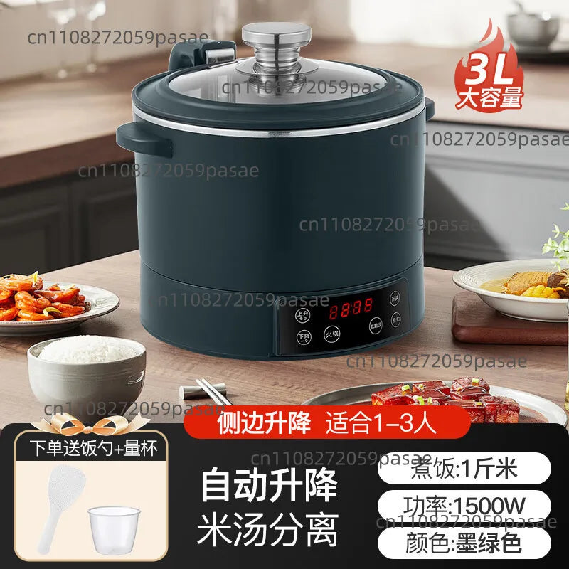Dark green 3L electric rice cooker with lid and front LED control panel