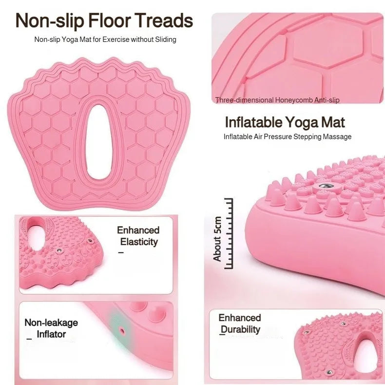 Pink inflatable acupoint foot massage mat featuring a shell-shaped design, magnetic studs, and honeycomb texture.