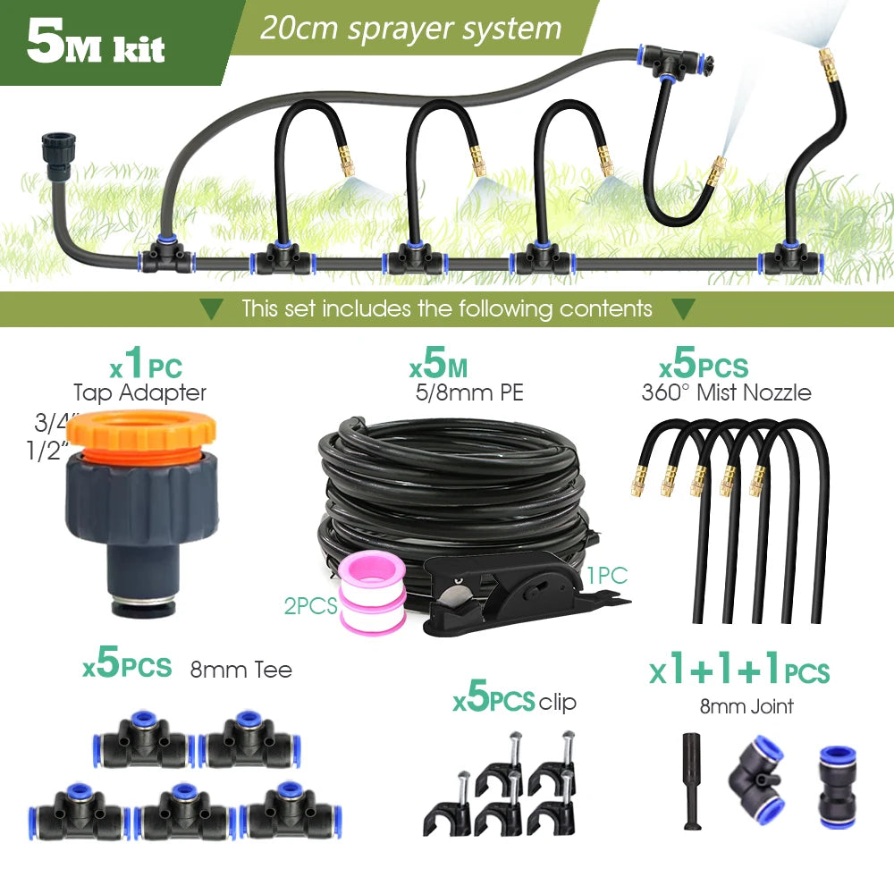 5m garden misting system kit: 5/8mm PE hose, tap adapter, 360 mist nozzles