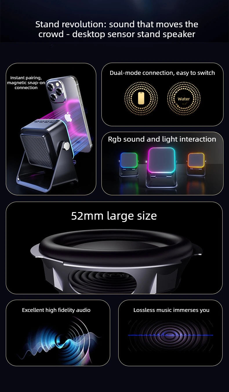 NEW 5 in 1 Auto-induction Wireless Induction Speaker 8 Mode RGB Light Phone Stand Surround Sound Portable Bluetooth Phone Holder
