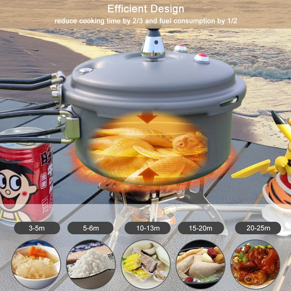 Gray pressure cooker steaming on outdoor stove with domed lid and side handles
