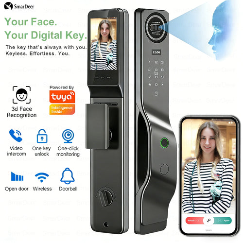 3D face recognition smart door lock with video doorbell camera, dark metal finish