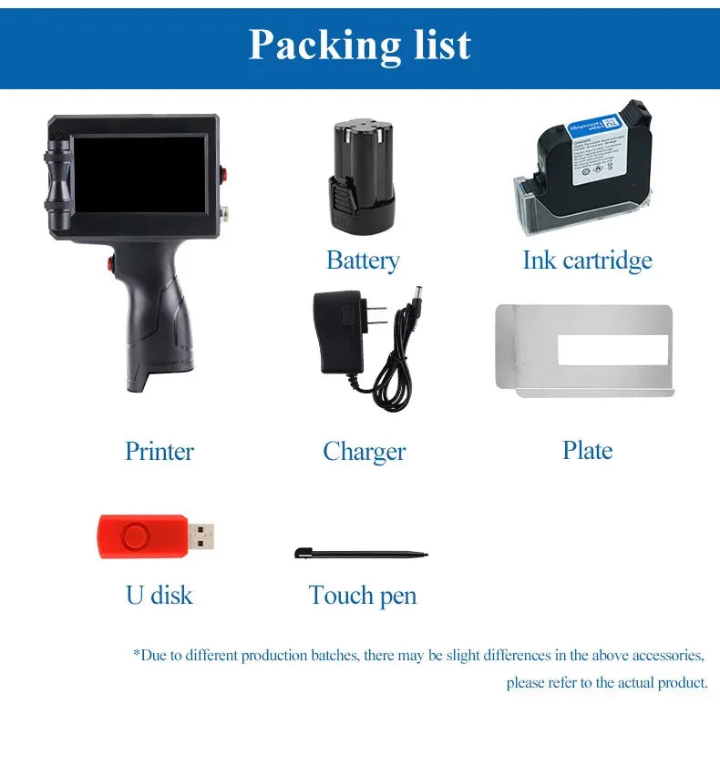 Handheld inkjet printer kit with printer, battery, charger, ink cartridge, and accessories