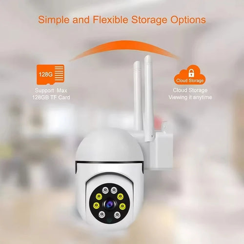 White PTZ security WiFi camera with dual antennas and circular IR sensor array
