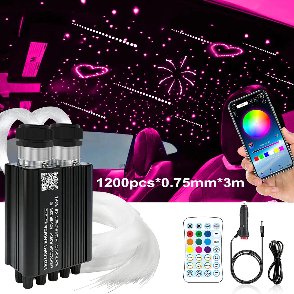 Twinkle & Meteor Starlight Headliner Kit for Car Strands for Ambient Interior Decor 32W RGBW Fiber Optic Star Light Engine