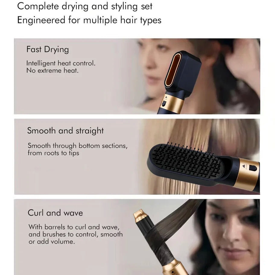 6-in-1 hair dryer multi-styler with gold-black finish, includes straightening brush and curling barrel attachments.