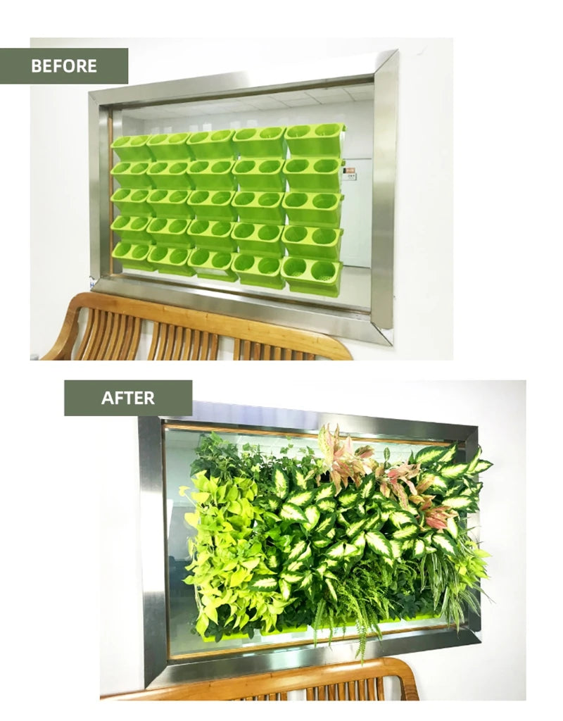 Wall-hanging vertical planter display with lime-green stacked oval planting cups