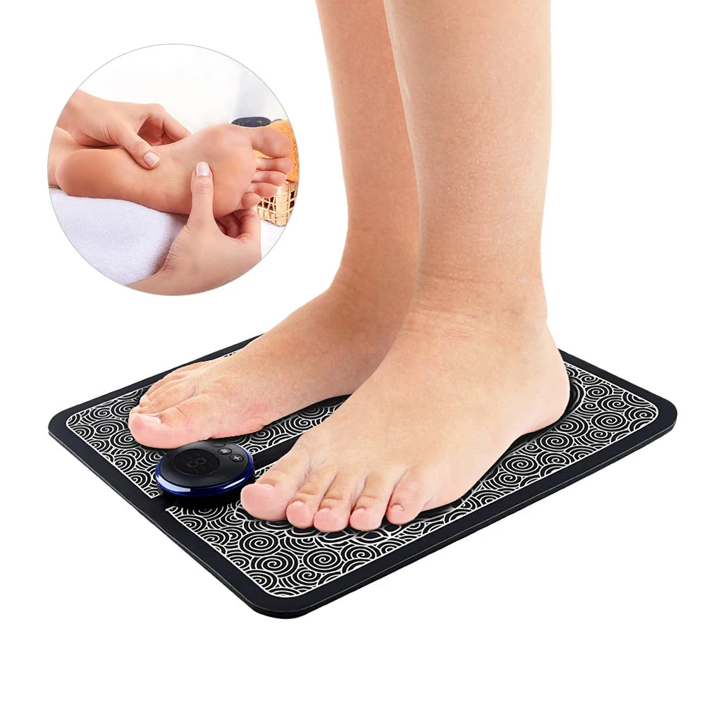 EMS foot massager mat with rechargeable controller for home relaxation and sore foot pain relief.