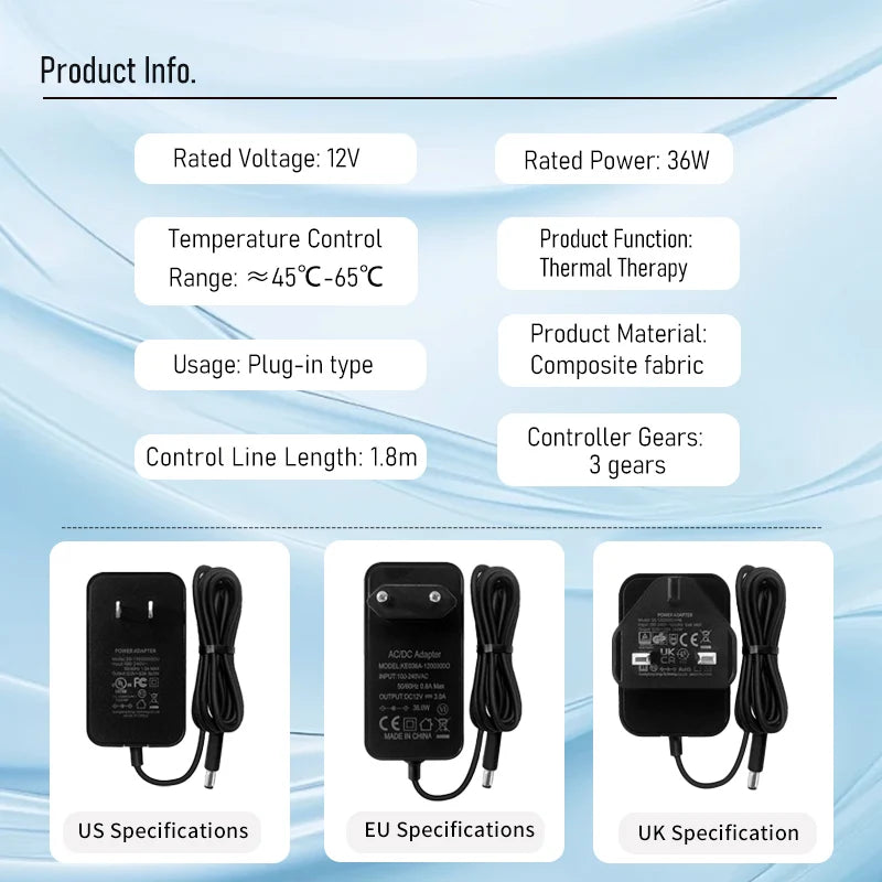 Red light heating headband product specs and power adapter options for US, EU, and UK plug types.