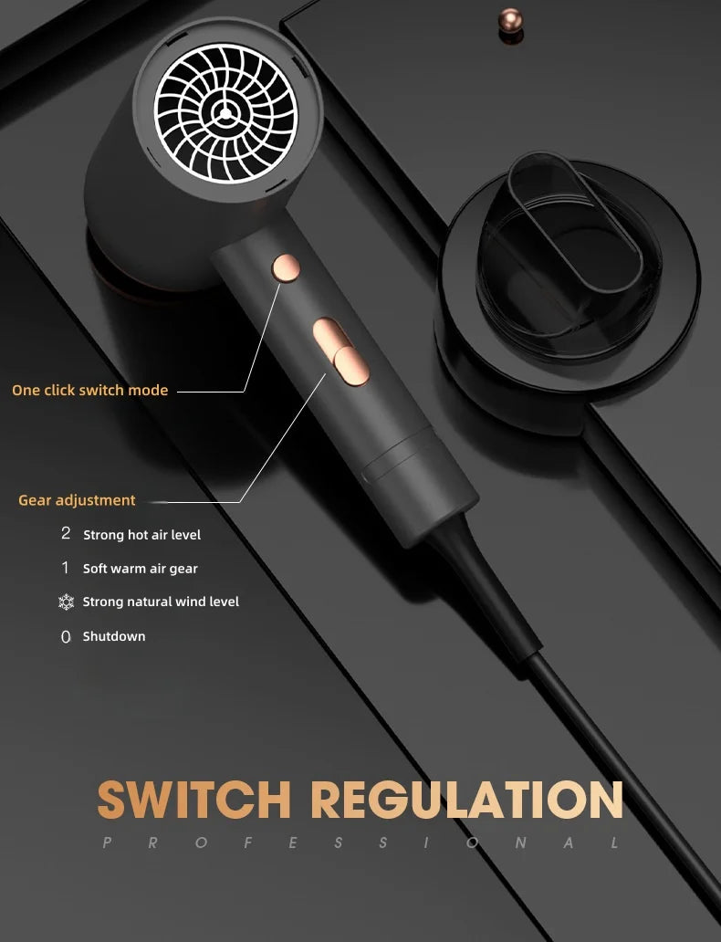 Matte black wall-mounted hair dryer with rose gold buttons, precision nozzle attachment, and multi-speed gear settings.