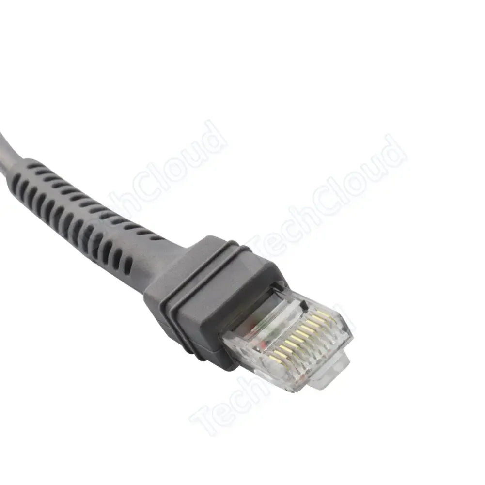 Close-up view of RJ45 plug on grey barcode scanner USB cable
