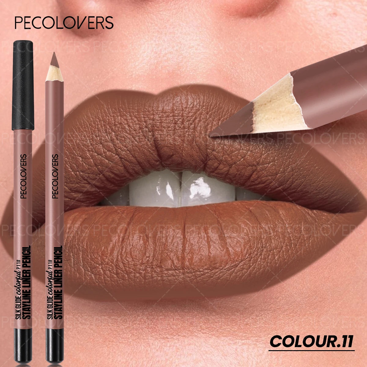 Waterproof matte brown lip liner pencil with long-lasting silk glide formula for defined, natural-looking lips.