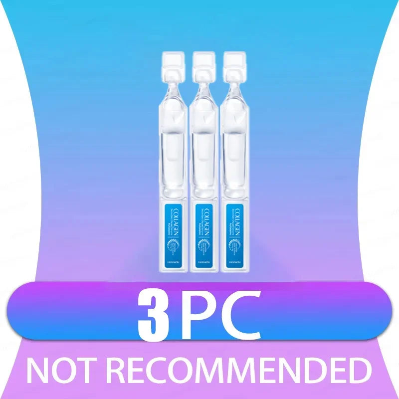Three single-use clear plastic serum ampoules with blue labels reading "Collagen" on a gradient blue background.
