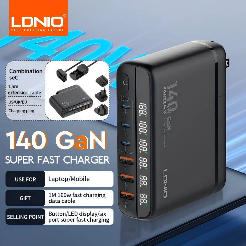 140W GaN USB C Charging Station - 6 Port Fast Desktop Wall Hub Tidesmit