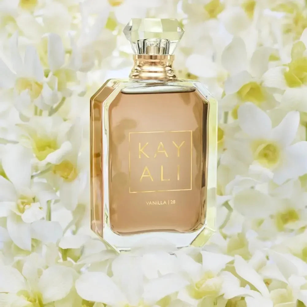 Kayali Vanilla 28 EDP: A luxury floral-vanilla scent in a square glass bottle with a crystal cap, 100ml women's perfume.