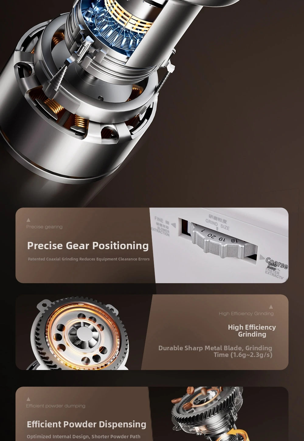 Silver metallic electric coffee grinder featuring a high-efficiency metal blade and precise gear grind size adjustment.