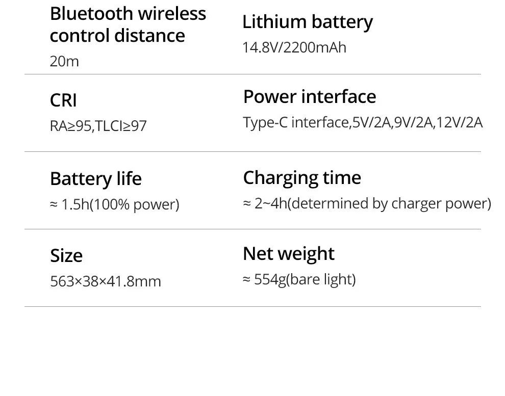 Specifications table for an LED light stick with a 2200mAh battery, Type-C charging, and 563mm length.