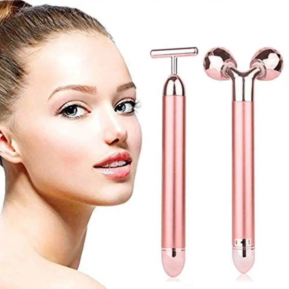 A woman next to two metallic rose-gold electric facial massagers: one T-shaped bar and one 3D dual-sphere roller.
