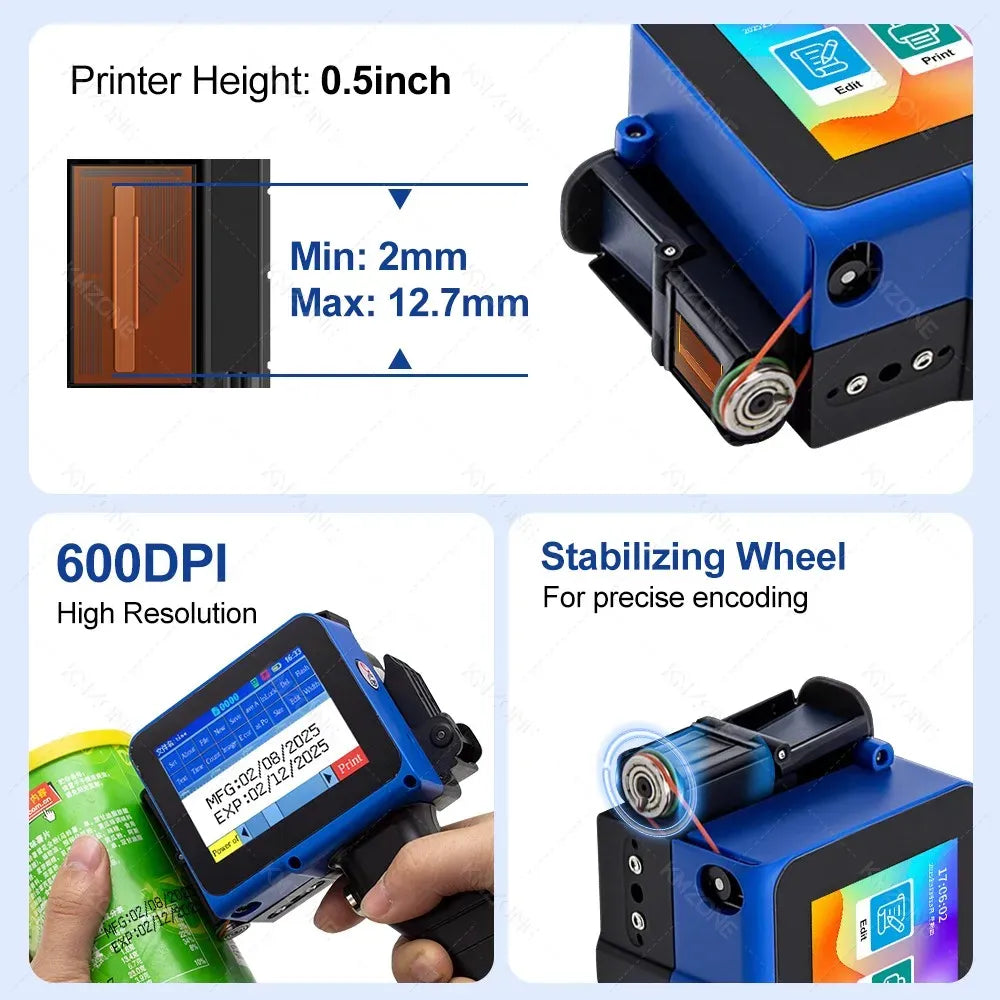 Print height indicator on blue handheld inkjet printer, min 2mm max 12.7mm