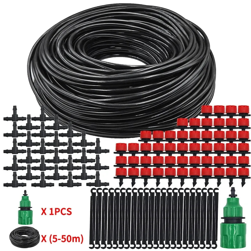 Drip irrigation micro nozzle set with black tubing, red emitters, and green end caps