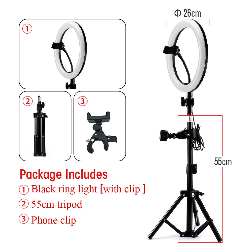 26cm black LED ring light with phone holder and 55cm adjustable tripod stand for photography and video recording.