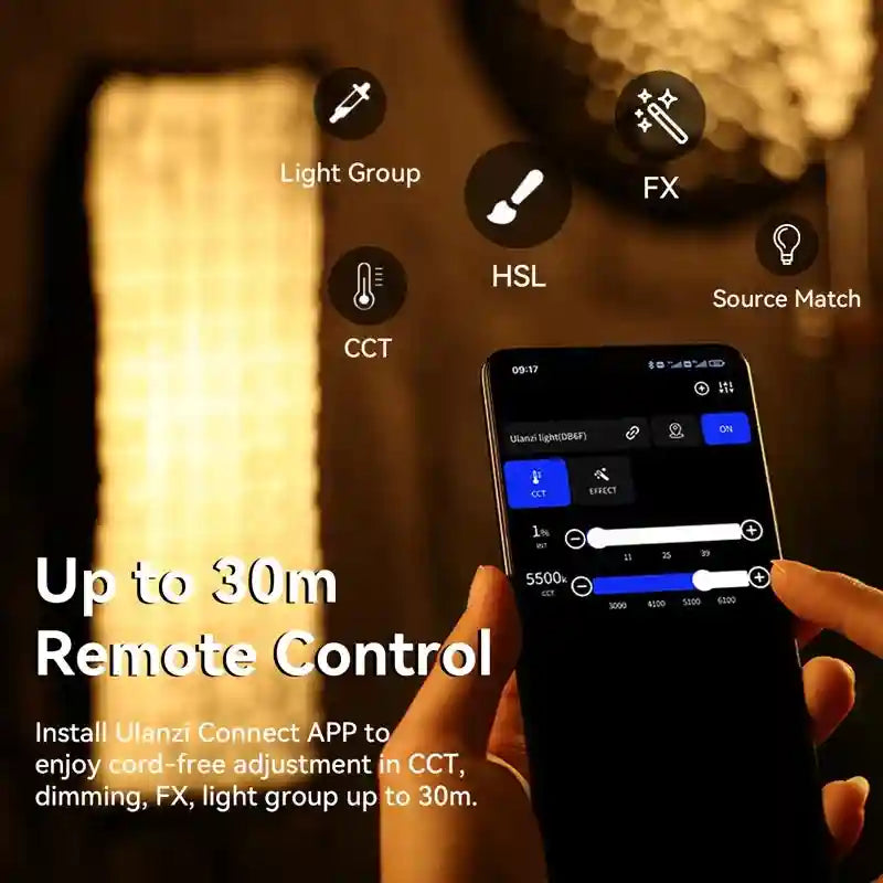 Smartphone displaying a lighting control app to adjust brightness, color temperature, and effects for a remote LED