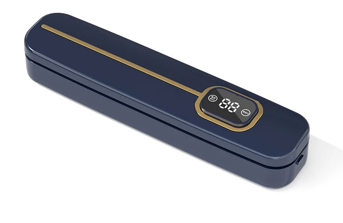 Vacuum sealer machine with control panel and heating strip, dark blue body