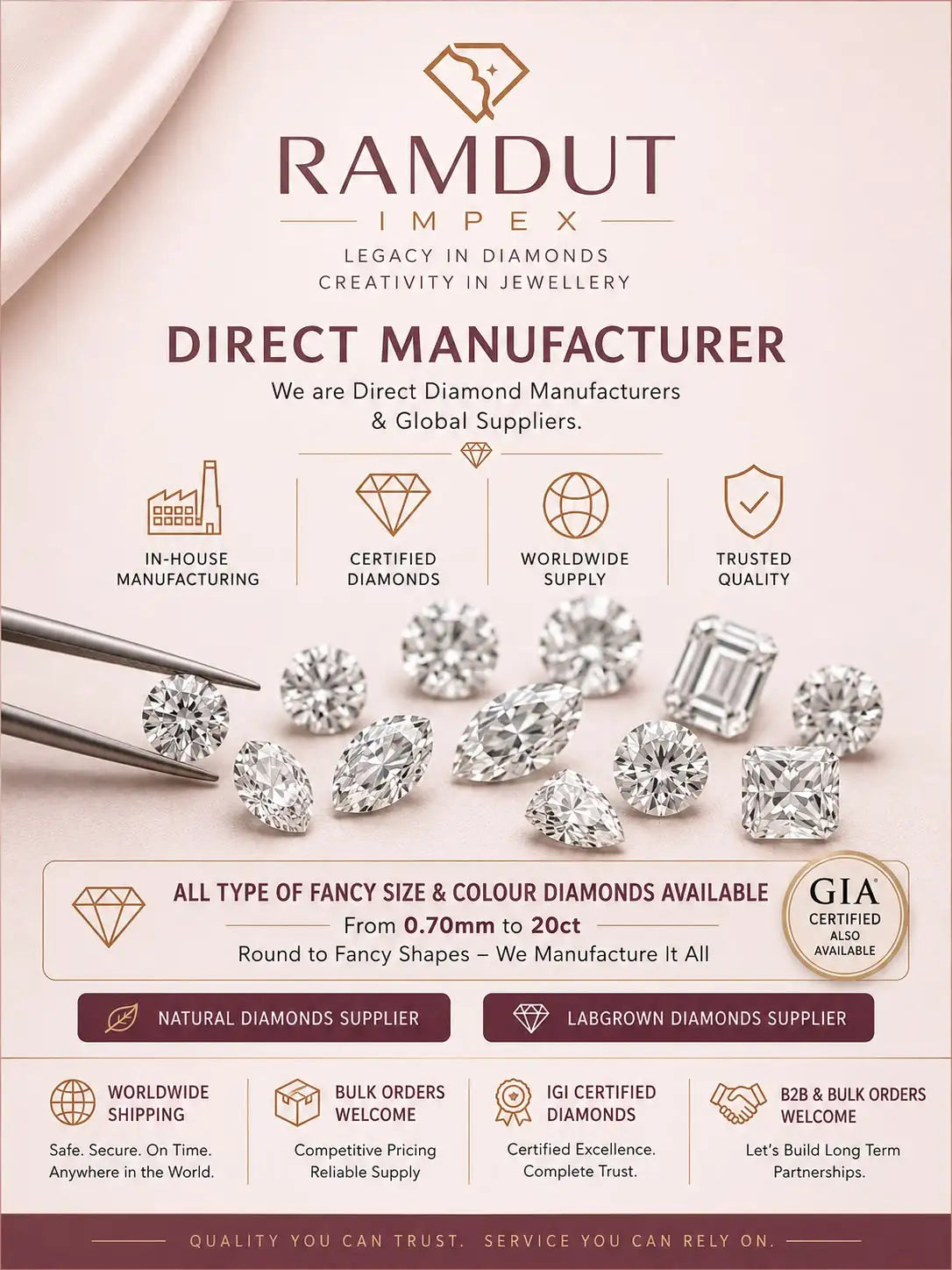 RAMDUT Impex diamond brochure with direct manufacturer info and loose stones display