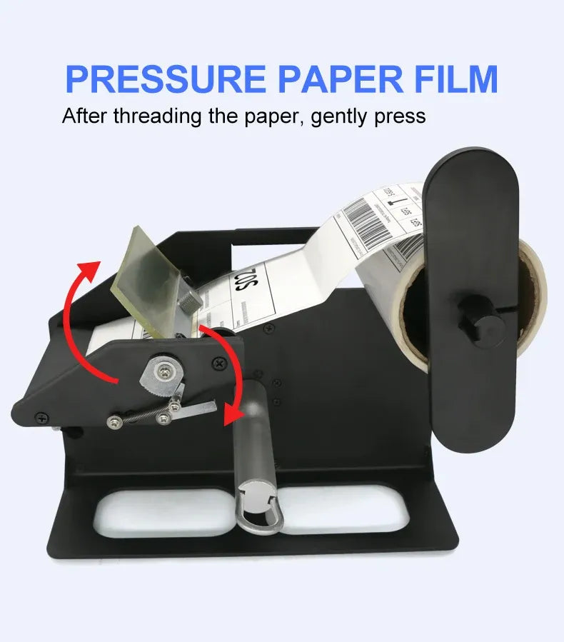 Automatic label stripper showing pressure paper film and label strip path.