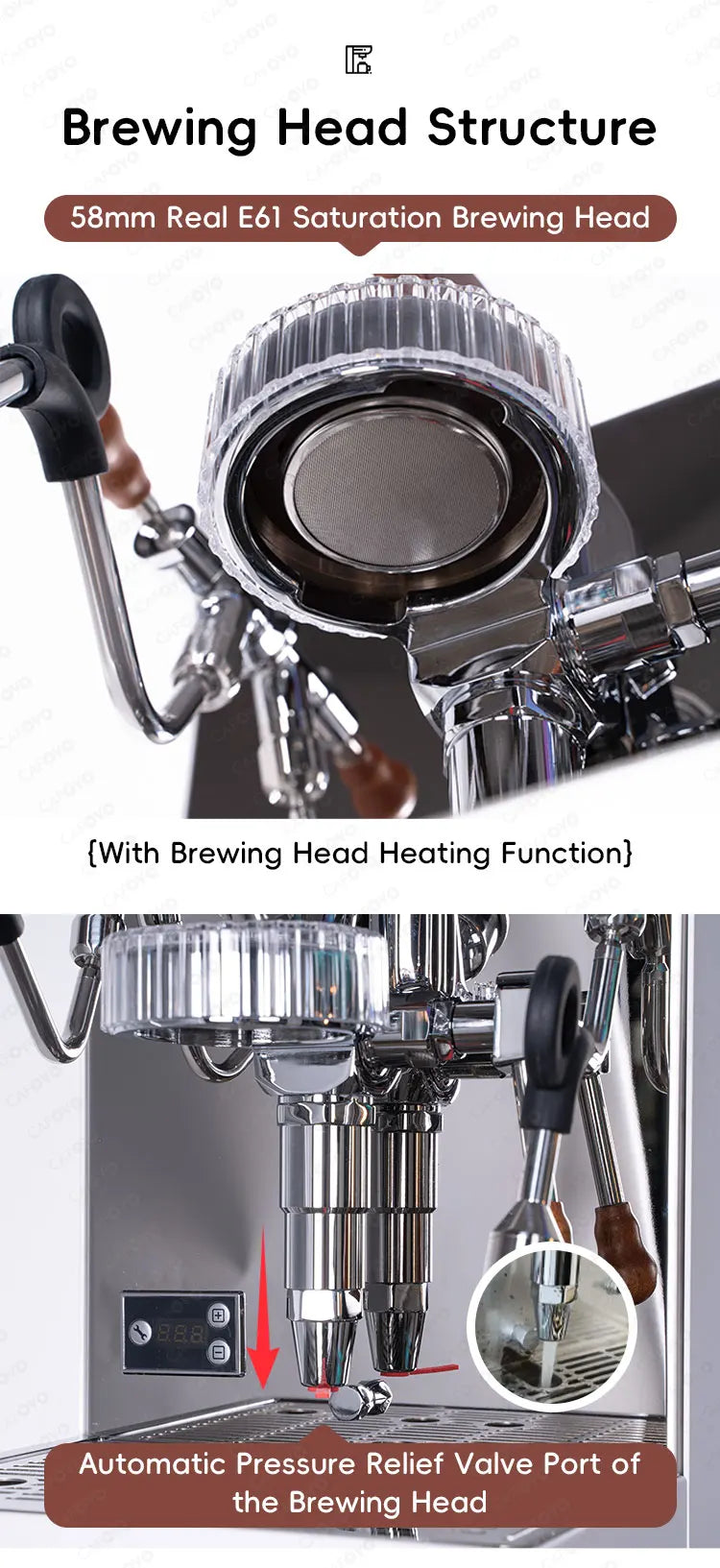 Chrome espresso machine with 58mm E61 brewing head, heating function, and automatic pressure relief valve port.
