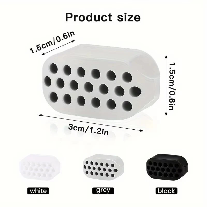 A grey silicone jawline trainer with holes, showing 1.5cm x 1.5cm x 3cm dimensions and white, grey, and black options.